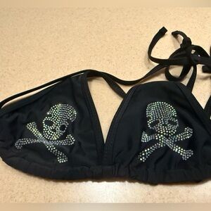 RomWe Skull Rhinestone Triangle Bikini Top - Black, S